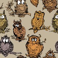 Seamless pattern with cute owls on branch