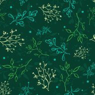 Vector Dark Green Spring Braches Drawing Seamless Pattern