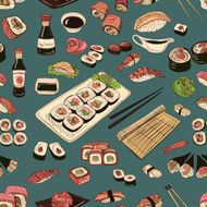 Colored Sushi and rolls seamless pattern N2