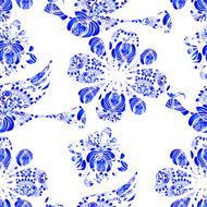 Seamless pattern in Gzhel style with flowers and fabulous birds