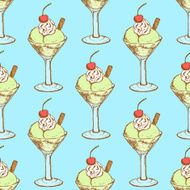 Sketch ice-cream in a bowl with cherry vintage style