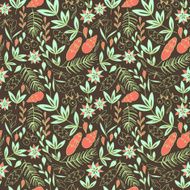 Leaves pine tree branches and flowers on brown background