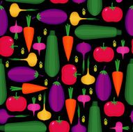 Seamless pattern with tomato eggplant carrot onion zucchini paprika olive