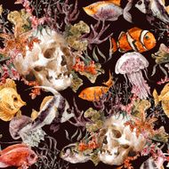 Watercolor shabby sea life seamless background with skull underwater watercolor