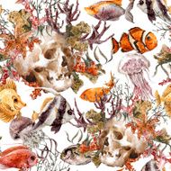 Watercolor shabby sea life seamless background with skull underwater watercolor N3