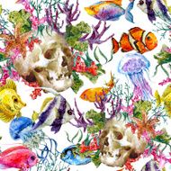 Watercolor shabby sea life seamless background with skull underwater watercolor N4