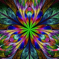 Multicolored symmetrical fractal flower in stained-glass window