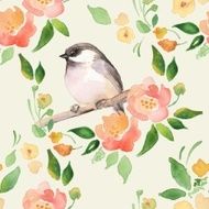 Watercolor floral background with a cut bird Seamless pattern