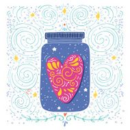 Hand drawn vintage print with a jar and decorated heart N2