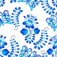 Seamless texture with butterflies and floral patterns in Gzhel