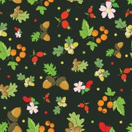 Vector Vintage Fall Berries Nuts on Dark Green Seamless Pattern