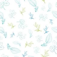 Vector Green Blue Leaves Branches Drawing Seamless Pattern