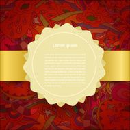 Golden label on the red floral background Vector illustration