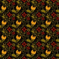 Seamless floral texture on black background Khokhloma Vector