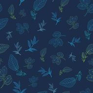 Vector Dark Blue Drawing Leaves Branches Seamless Pattern