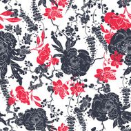 Vector Charcoal Red Kimono Flowers Seamless Pattern