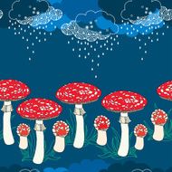 Seamless pattern with amanita mushrooms and rainy clouds