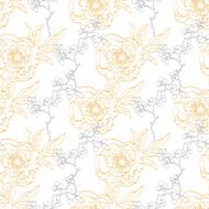 Vector Gold Gray Drawing Peony Floral Diagonal Seamless Pattern