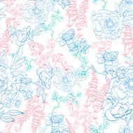 Vector Detailed Kimono Flowers Drawing Seamless Pattern