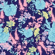 Vector Dark Blue Yellow Pink Kimono Floral Seamless Pattern