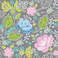 Seamless gray pattern blue pink flowers green leaves white outline