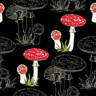 Seamless pattern with decorative amanita and grass on the black