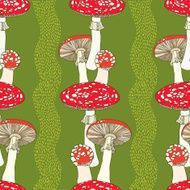 Seamless pattern with amanita and stripes Poisonous red-cup Mushroom