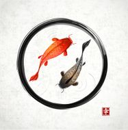 Black enso zen circle with red and black koi carps
