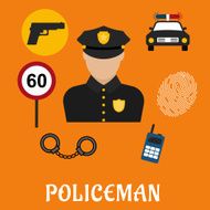 Policeman in uniform with police icons