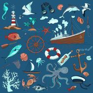 colored hand-drawn elements of marine theme N2