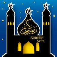 Ramadan Kareem greeting with mosque and hand draw calligraphy lettering