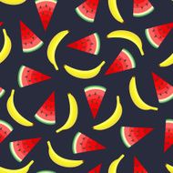 Seamless pattern with yellow bananas and juicy watermelon