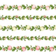 Set of horizontal seamless garlands with pink and white flowers