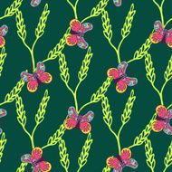 seamless vector green nature background with colorful butterflies