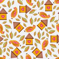 Birds and birdhouses among flowers leafs Seamless pattern