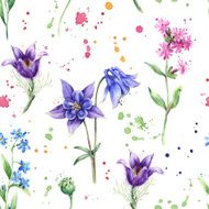 Seamless floral pattern with Wild flowers Forget-me-not Columbine Watercolor