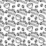 Seamless coffee pattern with grains cups and lettering
