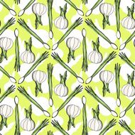 Seamless pattern with healthy garlic and onion Hand drawn