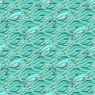 Waves water doodle sea and dolphins colored seamless pattern vector N2