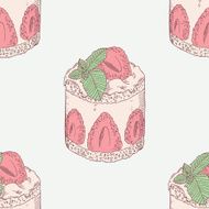 Strawberry cream cake with mint seamless pattern Sweet dessert illustration