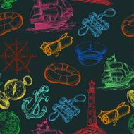 Seamless pattern with colored Sea Adventure elements on dark background N2