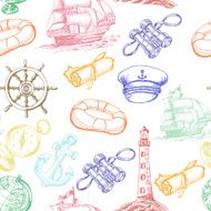 Seamless pattern with colored Sea Adventure elements in sketch style N2