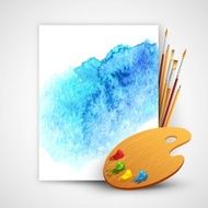 Realistic brush and palette on blue watercolor background