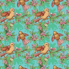Seamless pattern with birds and summer flowers handdrawn background