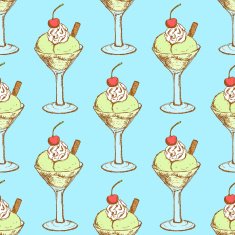 Sketch ice-cream in a bowl with cherry vintage style