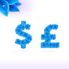 Sans serif font with blue leaf decoration