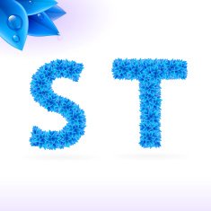 Sans serif font with blue leaf decoration N7