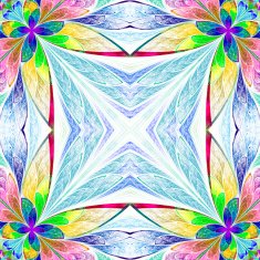 Symmetrical multicolored flower pattern in stained-glass window N3