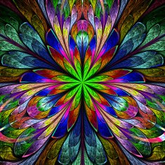 Multicolored symmetrical fractal flower in stained-glass window