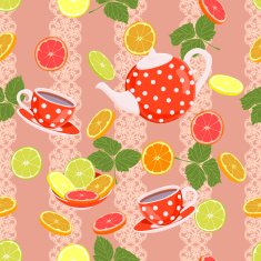 Seamless bright pattern with teapot cups and citrus